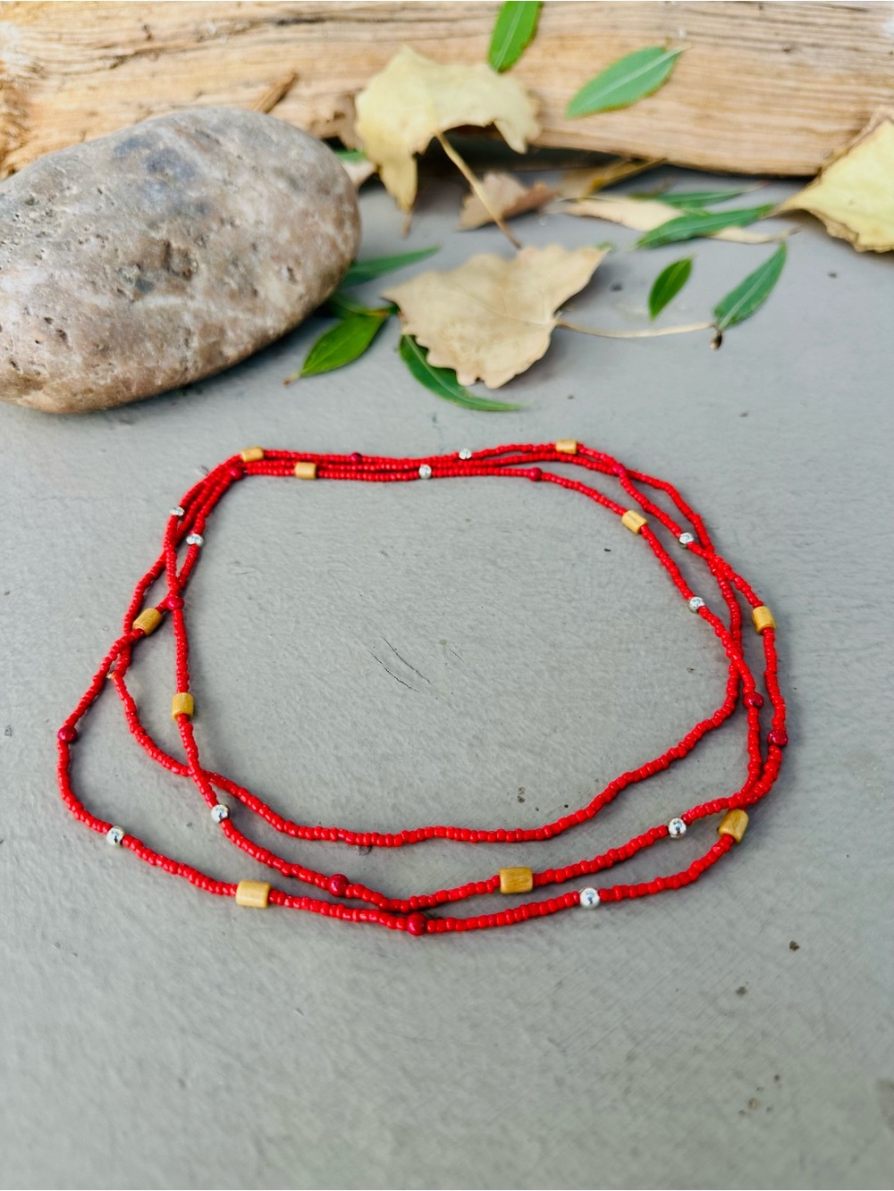 Three-Strand Red Seed Bead Necklace with Gold & Silver Accents